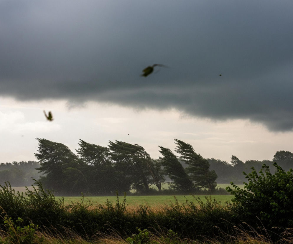 Gęste, ciemne chmury burzowe dominują na górnej części nieba, przechodząc w jaśniejsze, szaro-białe obłoki niżej. Na horyzoncie widoczny jest las liściastych drzew, których korony są wyraźnie wygięte w prawo, co wskazuje na silny wiatr. Przed lasem rozciąga się zielone pole, a na pierwszym planie znajduje się pas wysokiej trawy i krzewów w odcieniach zieleni i brązu, również pochylonych przez wiatr. W powietrzu, na tle ciemnych chmur, widać kilka rozmytych obiektów, przypominających unoszące się liście lub inne drobne elementy.