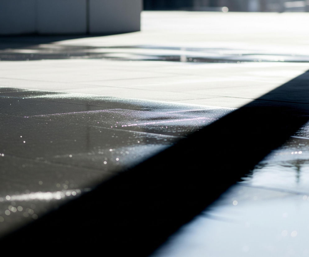 Ciemny, wydłużony cień przecina ukośnie kompozycję od prawego dolnego rogu do lewej górnej części, leżąc na nawierzchni przypominającej mokry chodnik lub plac. Jasne światło odbija się od tafli wody na powierzchni, tworząc liczne, błyszczące punkty i smugi w odcieniach bieli, błękitu i delikatnego fioletu. W tle widać rozmyte, jasne budynki i obiekty, z ostro zarysowaną krawędzią horyzontu i delikatnymi cieniami rzucanymi na dalszą część nawierzchni.