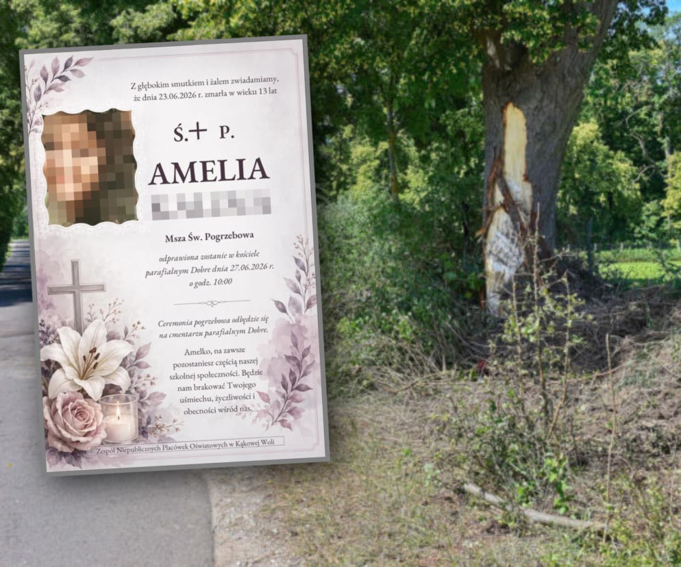 Kondolencje dla zmarłej Amelki z rozmytym zdjęciem i danymi pogrzebu, w tle widoczne drzewo ze śladami wypadku. O tragicznym pożegnaniu 13-letniej uczennicy z Kąkowej Woli przeczytasz więcej na naszym portalu.