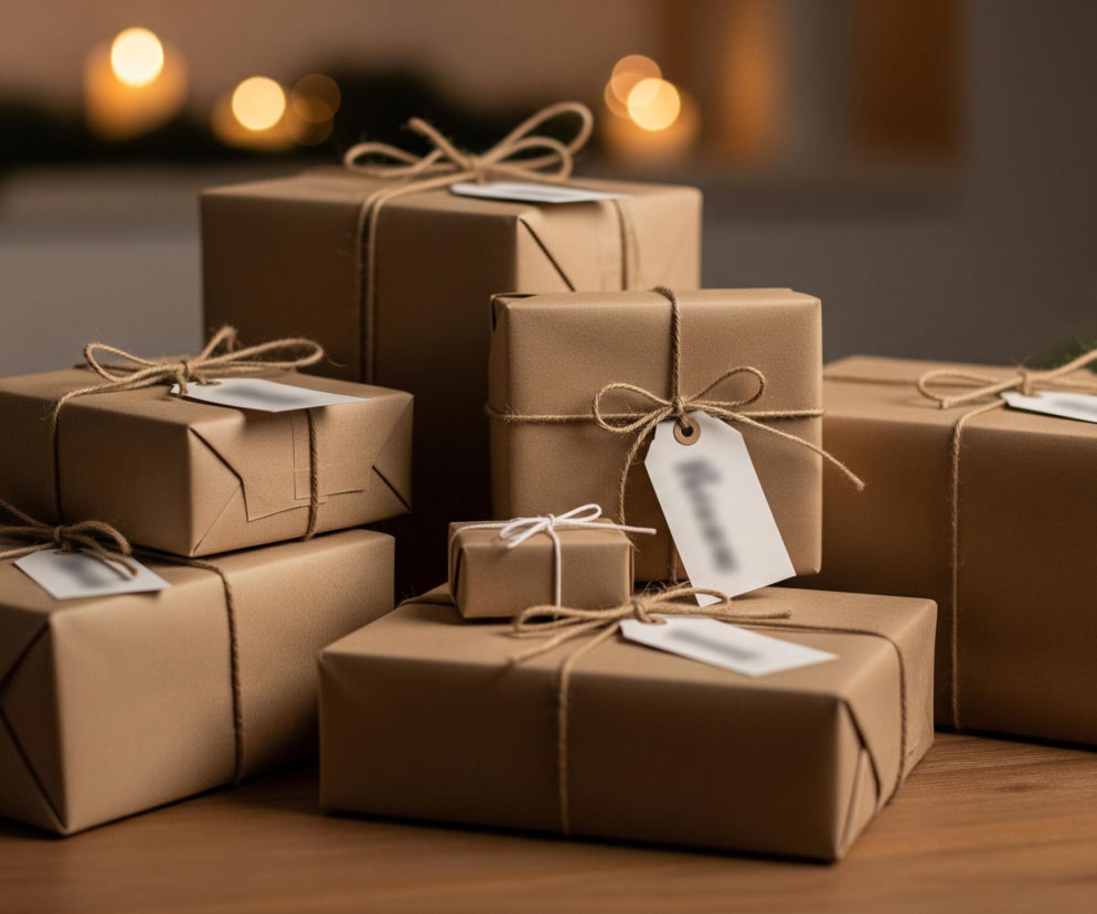 Na brązowym, drewnianym stole leży stos prezentów owiniętych w beżowy papier pakowy i przewiązanych sznurkiem jutowym. Każdy prezent ma dołączoną białą etykietkę, a na jednym z nich widać rozmyte, czarne znaki. Tła stanowią rozmyte punkty świetlne, prawdopodobnie świece lub lampki, w otoczeniu ciemnej zieleni gałązek.