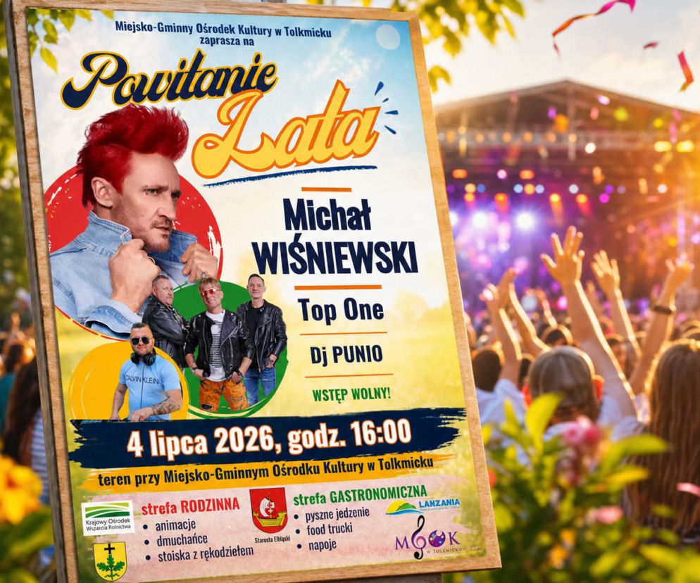 Tłum ludzi pod sceną w Tolkmicku. Na miniaturze obok plakat koncertu Michała Wiśniewskiego, o którym przeczytasz na VOX FM.