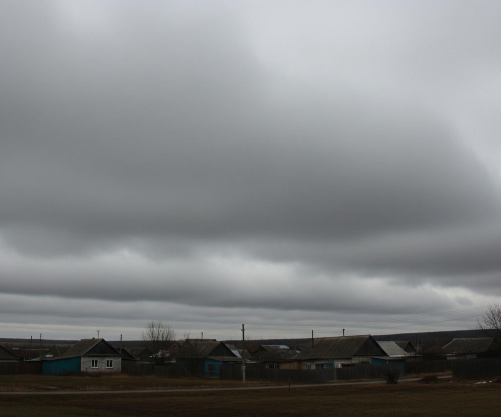 Pochmurne, szare niebo, pokryte gęstymi, warstwowymi chmurami, dominuje górną część obrazu. Poniżej, na horyzoncie, rozciąga się wiejski krajobraz z rzędem domów o spadzistych dachach. Na pierwszym planie widoczne są brązowe, suche pola oraz fragment drogi lub ścieżki, a za domami rozpościerają się ciemne pasy lasu lub zalesionych wzniesień. Wzdłuż rzędu domów widać słupy energetyczne z przewodami.
