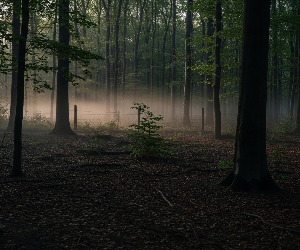 Rozległy las z dużą ilością wysokich, smukłych drzew o ciemnych pniach. Liście na drzewach są przeważnie ciemnozielone, a niektóre gałęzie z liśćmi wychodzą z boku obrazu. Podłoże jest pokryte licznymi, suchymi liśćmi w odcieniach brązu i czerwieni, z widocznymi korzeniami i leżącymi gałęziami.

W centralnej części obrazu, na drugim planie, unosi się gęsta, mleczna mgła, przez którą przebija się miękkie, jasne światło, tworząc efekt poświaty. Przez mgłę przechodzi niski, druciany płot wsparty na drewnianych słupkach, z młodym, zielonym drzewkiem rosnącym przed nim na środku. 

Całość kompozycji jest ciemna, z gdzieniegdzie rozjaśniającymi się promieniami światła, tworząc nastrojową i nieco tajemniczą atmosferę.
