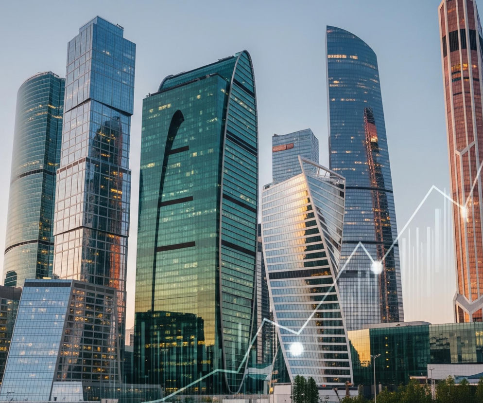 Krajobraz miejski wypełniony jest licznymi wieżowcami o szklanych fasadach, odbijających błękitne i pomarańczowe światło. Budynki charakteryzują się różnorodnymi kształtami i wysokościami, niektóre są prostokątne, inne cylindryczne, a jeszcze inne mają zakrzywione lub skośne ściany. Na pierwszym planie, w dolnej części obrazu, widoczna jest zieleń drzew i niższe zabudowania, stanowiące bazę dla strzelistych konstrukcji. Przez cały kadr, na tle wieżowców, unosi się półprzezroczysta, biała linia wykresu z kilkoma jasnymi punktami symbolizującymi wartości szczytowe.