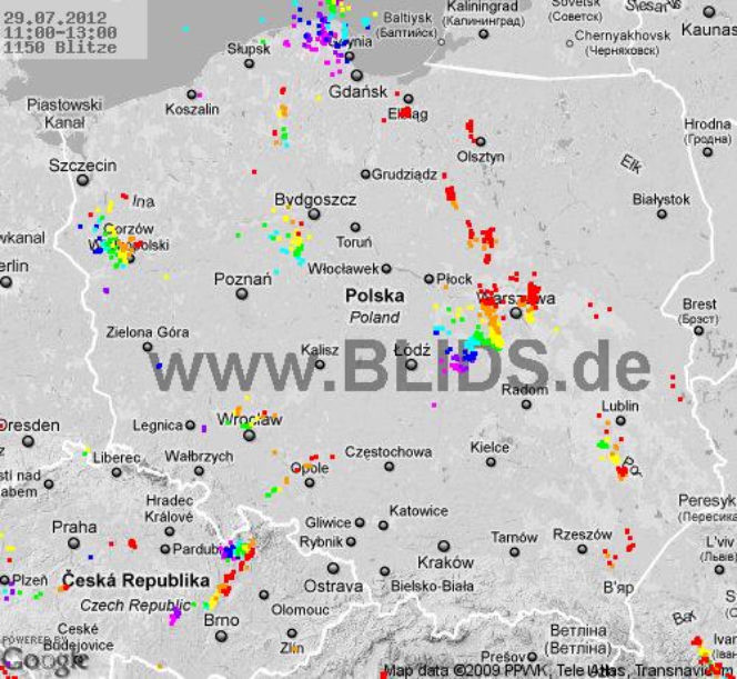 Burze w Polsce, 29.07.2012 - MAPA z godz. 11 - 13