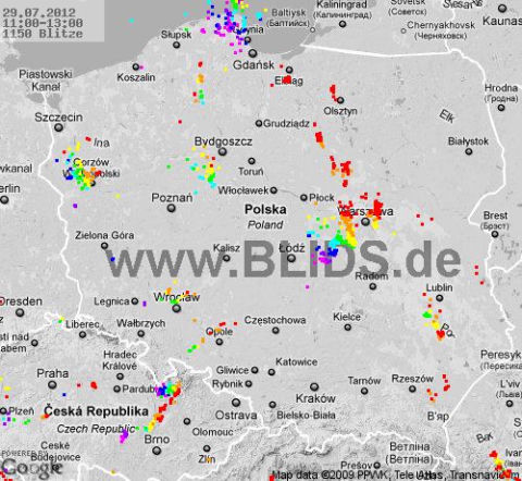 Burze w Polsce, 29.07.2012 - MAPA z godz. 11 - 13
