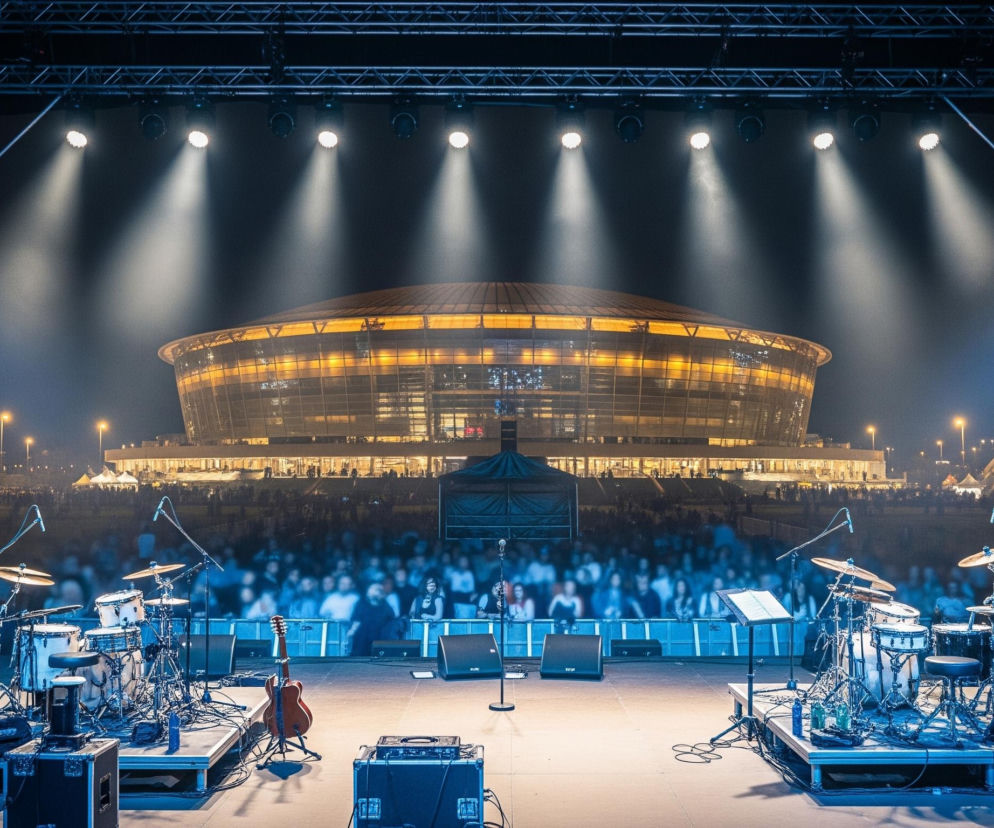 Na pierwszym planie widoczna jest scena koncertowa przygotowana do występu, z instrumentami muzycznymi takimi jak dwie perkusje, kilka gitar elektrycznych i akustycznych, oraz mikrofony stojące na statywach. Instrumenty i sprzęt muzyczny są oświetlone niebieskim światłem z lewej strony i białym z góry, tworząc wyraźne cienie na scenie. W tle, za sceną, rozciąga się duży tłum ludzi zebranych na otwartej przestrzeni, a za nimi majestatyczny, okrągły budynek stadionu z rozświetlonymi oknami i kopulastym dachem w ciepłych, pomarańczowych barwach, kontrastujący z ciemnym, nocnym niebem. Nad sceną, na konstrukcji kratownicowej, zamontowane są jaskrawo świecące reflektory rzucające silne, białe snopy światła na obszar za sceną.