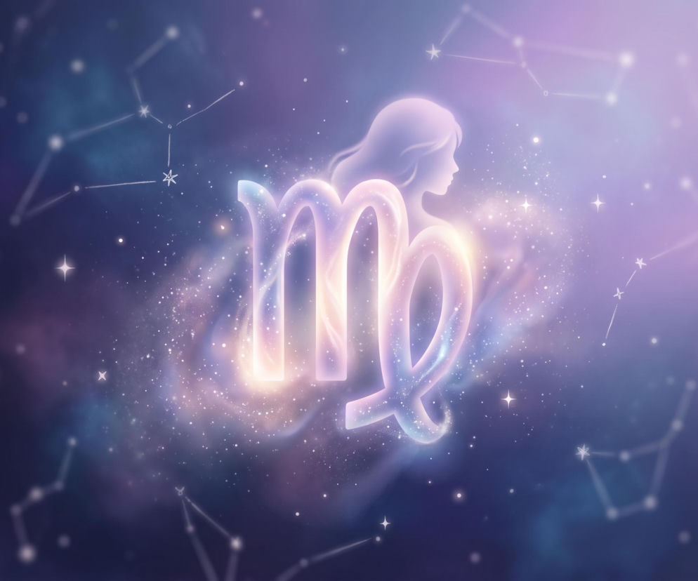 Świecący symbol znaku zodiaku Panny na tle gwieździstego nieba. O horoskopie dziennym dla Panien przeczytasz w Eska.