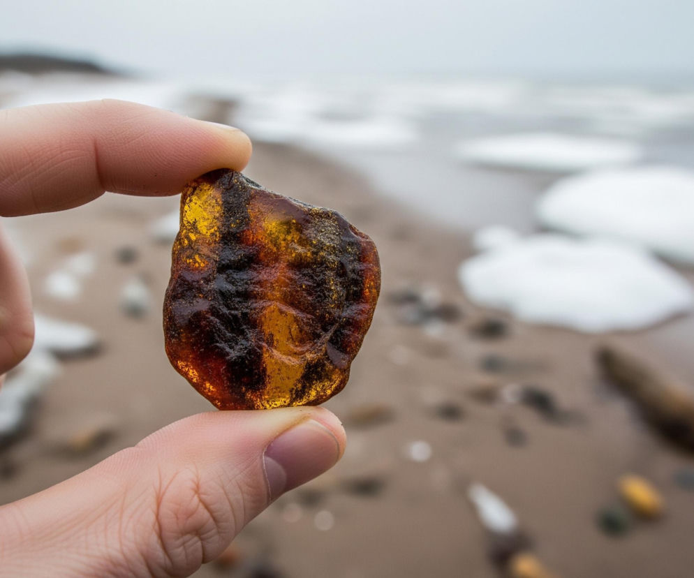 Męska dłoń trzyma bursztynowy kamyk, wyraźnie widoczny na pierwszym planie. Kamyk ma nieregularny kształt, ciemnobrązową barwę z jaśniejszymi, złotymi i pomarańczowymi przebarwieniami, z widoczną chropowatą teksturą i drobnymi cząsteczkami piasku przylegającymi do jego powierzchni. Tło jest rozmyte, przedstawiając piaszczystą plażę z licznymi drobnymi kamieniami i kilkoma większymi kawałkami śniegu lub lodu, oraz zamglone morze z unoszącymi się kawałkami lodu.