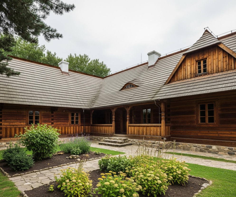 Duży, drewniany budynek z dachem krytym gontem rozciąga się w kształcie litery L, zajmując centralną część kadru. Ściany wykonane są z ciemnobrązowych bali, z licznymi oknami z małymi szybami, oraz kilkoma białymi kominami wystającymi z dachu. Przed budynkiem, na zielonym trawniku, znajduje się kamienna ścieżka prowadząca do ganku z drewnianymi kolumnami, a wzdłuż niej widoczne są starannie pielęgnowane rabaty z krzewami i kwiatami. Na pierwszym planie, po lewej stronie, rozłożyste gałęzie iglastego drzewa częściowo zasłaniają niebo, które jest jasnoszare i jednolite.