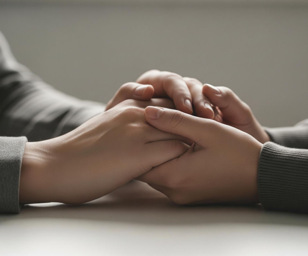 Dwie dłonie, z których jedna jest częściowo oparta na drugiej, tworzą uścisk. Skóra dłoni jest w odcieniu brązu, a paznokcie są krótkie i zadbane. Dłonie należą do osób ubranych w szare, długie rękawy, spoczywające na jasnym, jednolitym blacie. Tło jest rozmyte, w jednolitym, szarym kolorze.