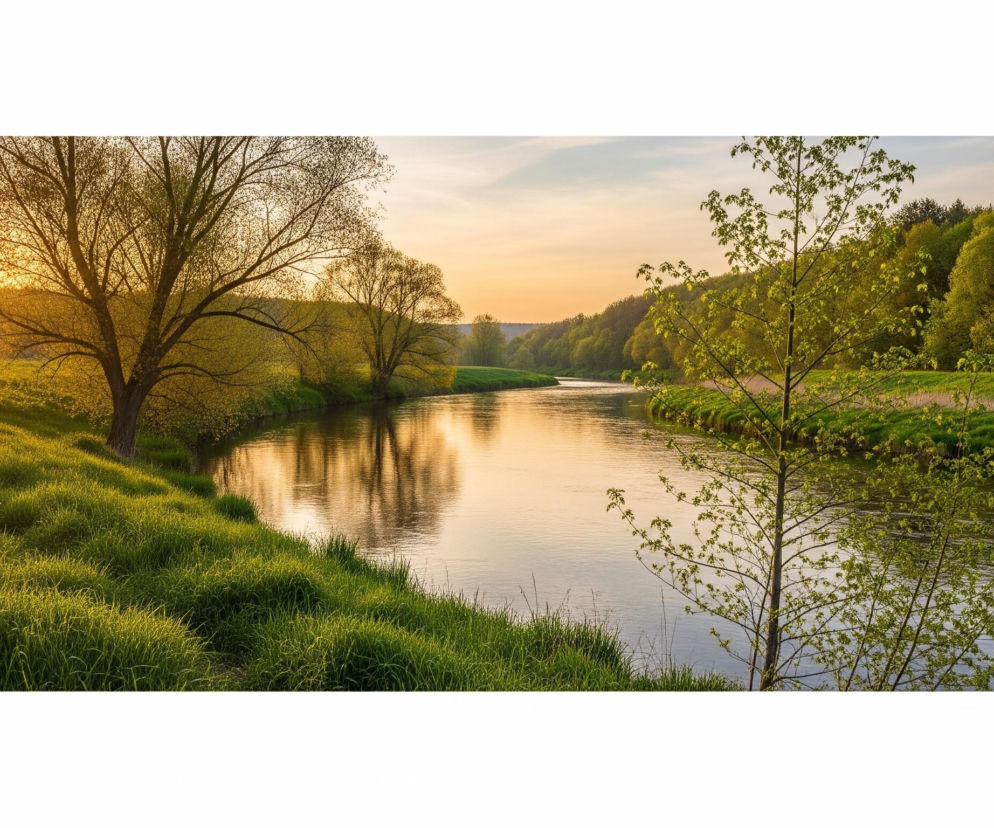 Rzeka o spokojnej tafli przepływa przez zielone, trawiaste brzegi, zakręcając w prawą stronę w oddali. Po lewej stronie widoczne są wysokie drzewa z młodymi, jasnozielonymi liśćmi, których sylwetki są podświetlone przez zachodzące słońce, tworząc promieniste smugi światła. Prawy brzeg rzeki również jest porośnięty gęstą, zieloną trawą i wysokimi drzewami, niektóre z nich mają ciemniejsze korony. Niebo w górnej części obrazu jest błękitne z delikatnymi obłokami, przechodząc w ciepłe odcienie pomarańczu i żółci w rejonie zachodzącego słońca, którego odbicie widoczne jest na powierzchni wody.