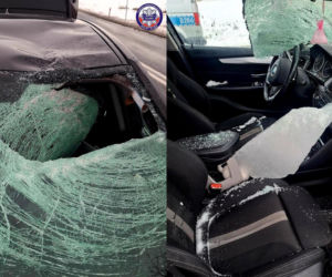 Tafla lodu przebiła szybę BMW, raniąc kobietę i mężczyznę! Zabrała ich karetka, kierowca tira poszukiwany