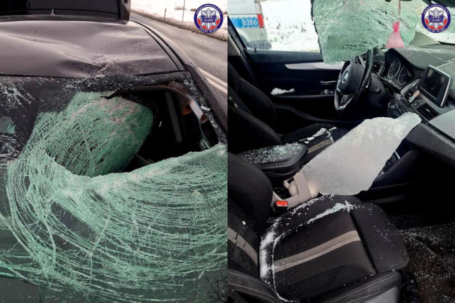 Tafla lodu przebiła szybę BMW, raniąc kobietę i mężczyznę! Zabrała ich karetka, kierowca tira poszukiwany