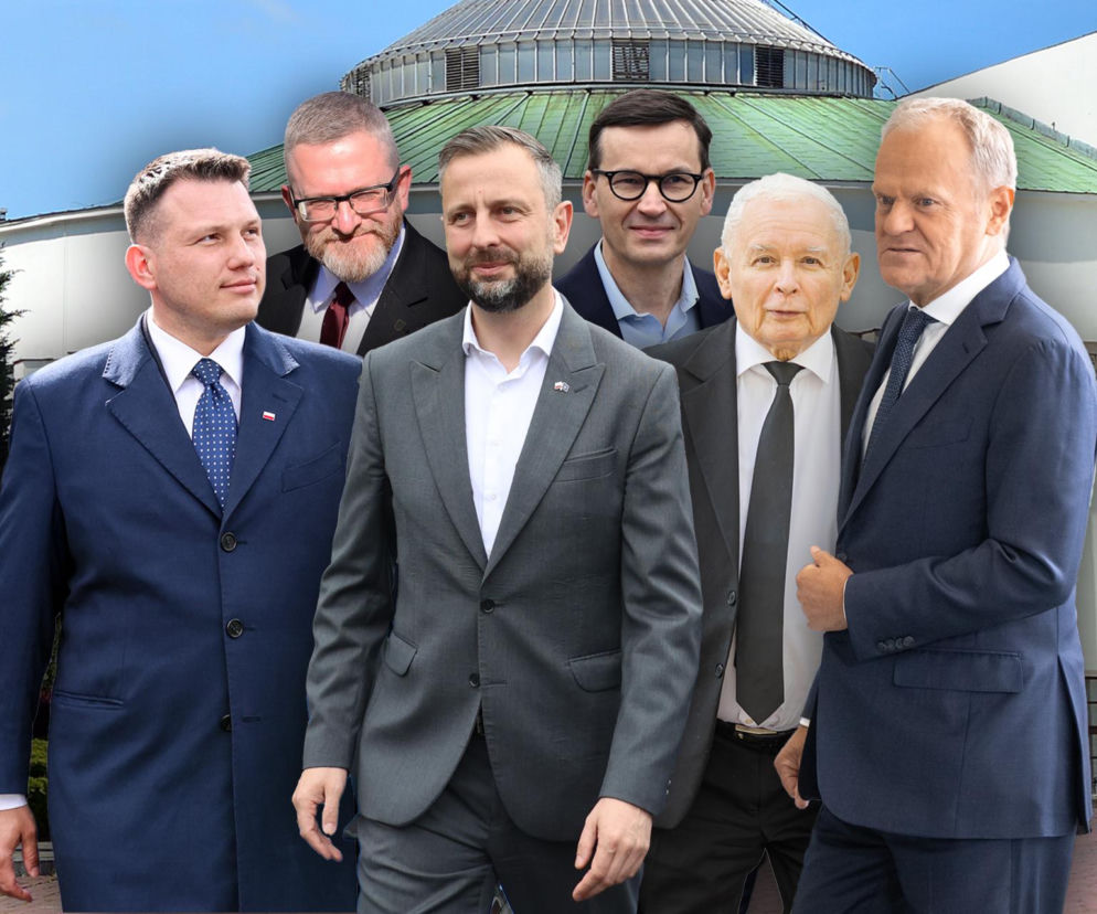 Polscy politycy różnych opcji na tle gmachu Sejmu. O możliwym kryzysie rządowym przeczytasz na SE Polityka.