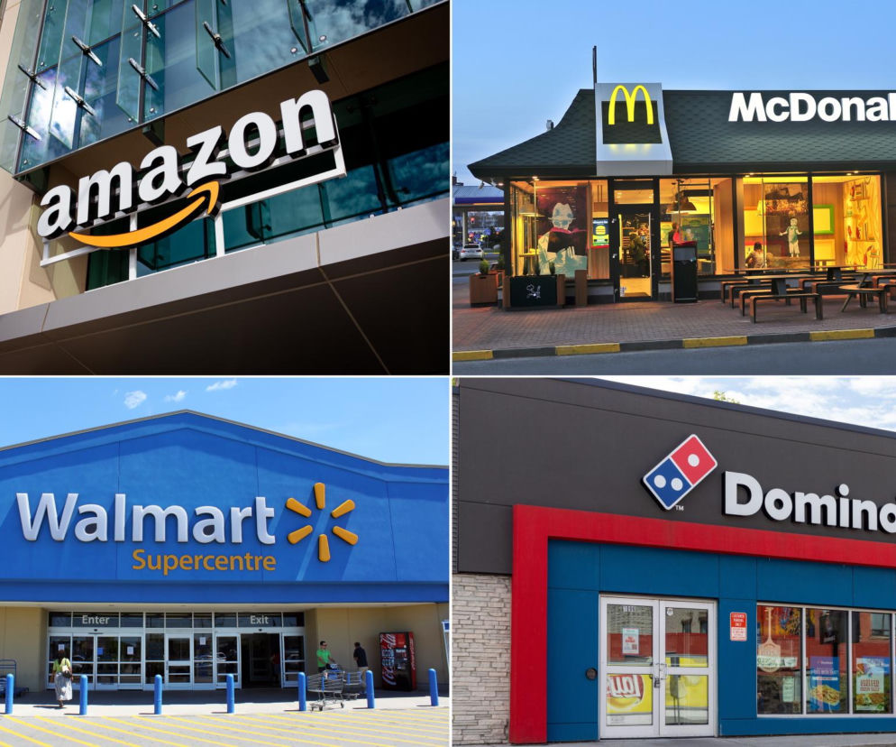 Loga znanych sieci: Amazon, McDonald's, Walmart Supercentre i Domino's Pizza, symbolizujące wysokie zarobki prezesów tych gigantów handlowych i restauracyjnych, o których przeczytasz więcej na Super Biznes.