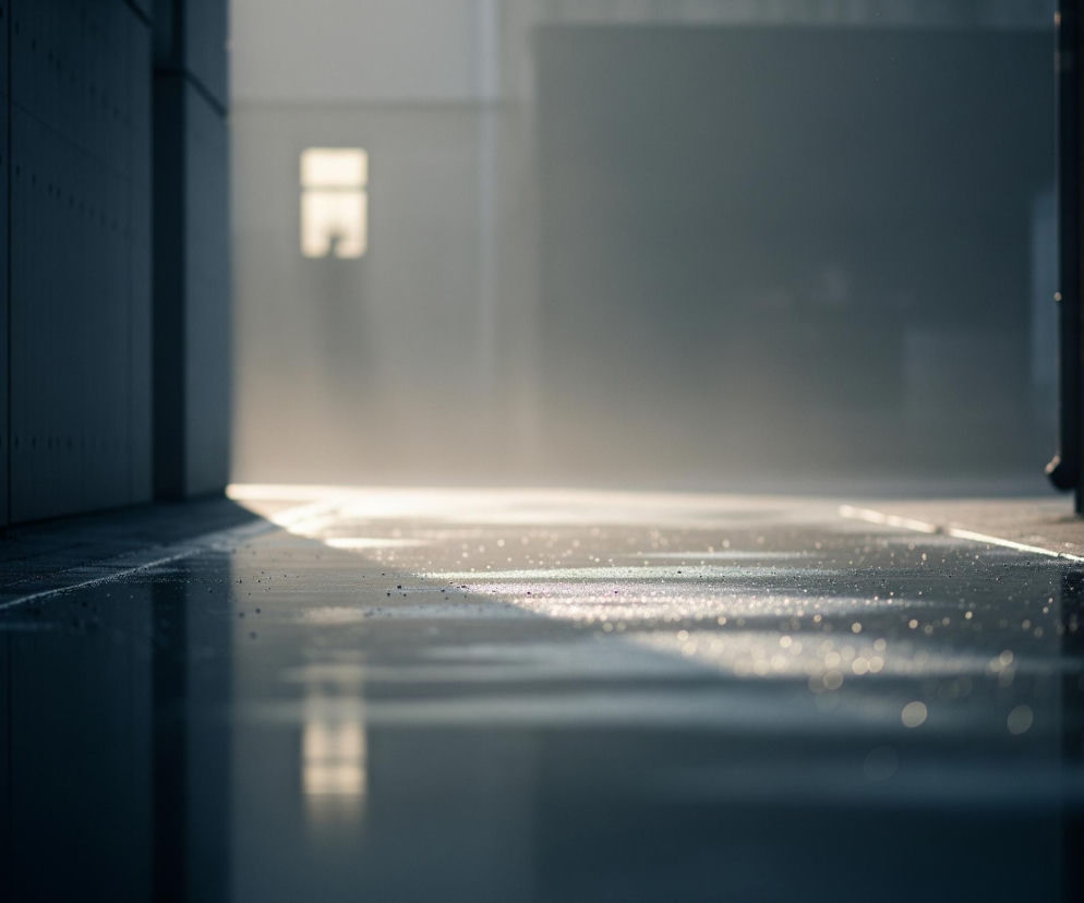 Długa, wąska droga lub korytarz, oświetlony jasnym, rozproszonym światłem w oddali, rozciąga się od pierwszego planu ku horyzontowi. Na pierwszym planie i po lewej stronie dominuje ciemna ściana, prawdopodobnie metalowa, z widocznymi poziomymi i pionowymi łączeniami oraz drobnymi, okrągłymi elementami. Powierzchnia drogi jest mokra i odbija światło, tworząc rozmyte refleksy i jasne, małe plamki światła, które stają się bardziej intensywne w miarę oddalania się. W oddali, po lewej stronie, widoczne jest niewielkie, prostokątne okno, z którego wydobywa się intensywne światło, dodatkowo rozświetlające przestrzeń.