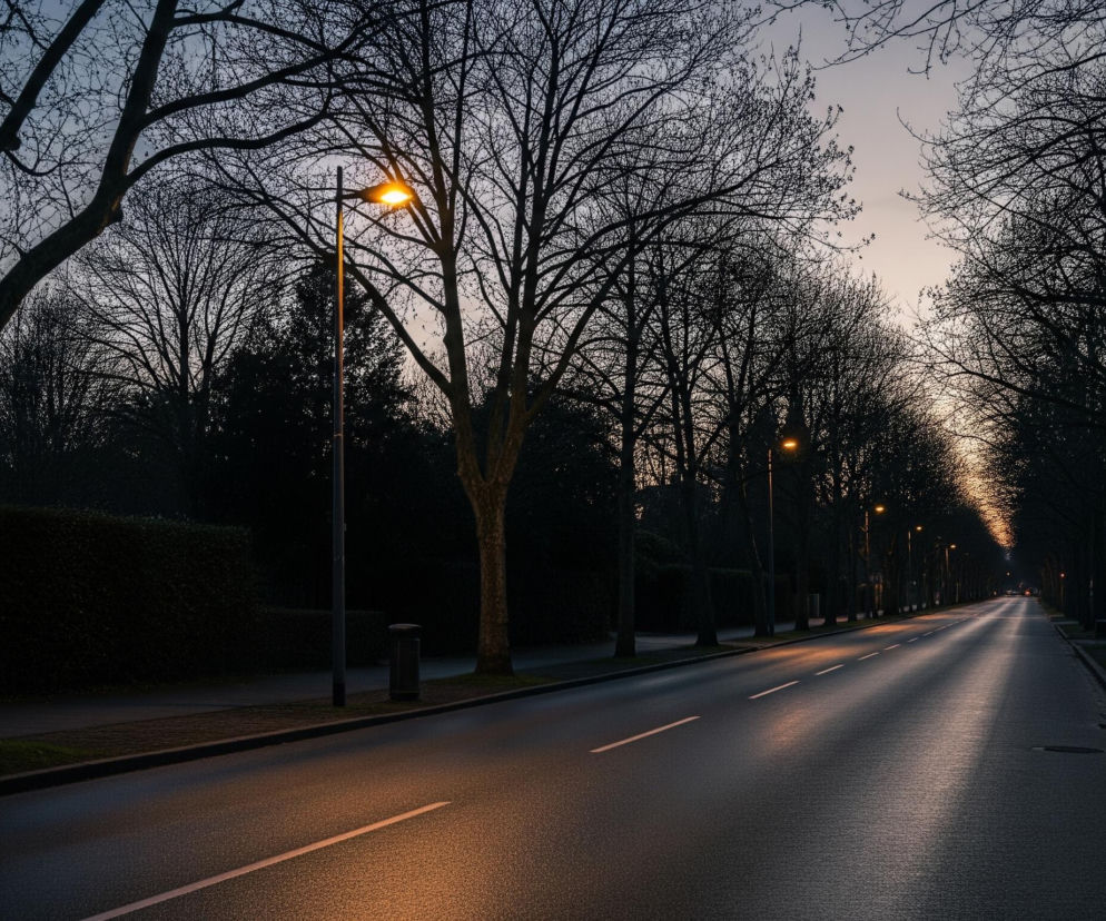 Uliczna aleja rozciąga się w dal, oświetlona rzędem latarni. Po obu stronach drogi, oświetlanej ciepłym pomarańczowym blaskiem, stoją liczne drzewa o nagich, ciemnych gałęziach. Ciemny asfalt z widocznymi odblaskami światła latarni, oddzielony jest od chodników krawężnikami, a w tle widać sylwetki budynków i jaśniejące, błękitno-pomarańczowe niebo o zmierzchu.