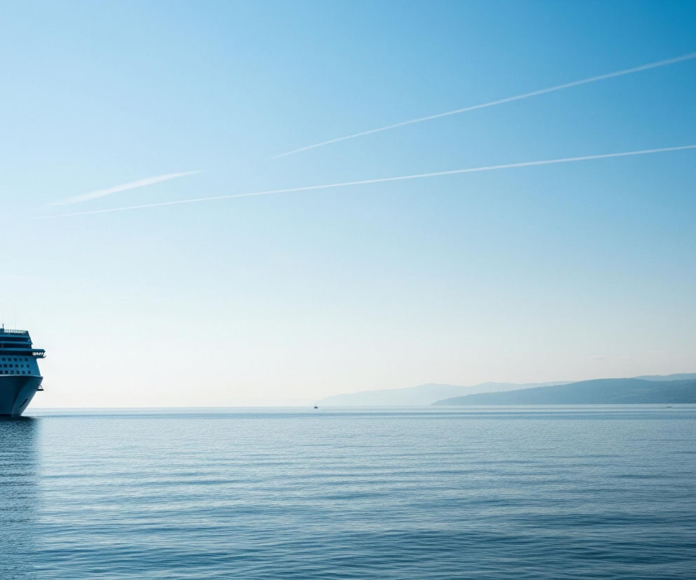 Duży, biało-szary statek wycieczkowy, zwrócony przodem, ale ustawiony pod lekkim kątem w lewo, dominuje lewą stronę kadru, unosząc się na spokojnej, błękitnej wodzie. Po prawej stronie w oddali widoczny jest odległy, mglisty ląd z rzędem łagodnych wzgórz, a jeszcze dalej na horyzoncie majaczą niewyraźne zarysy gór. Niebo jest czyste i błękitne, z kilkoma cienkimi, białymi smugami kondensacyjnymi samolotów rozciągającymi się horyzontalnie.