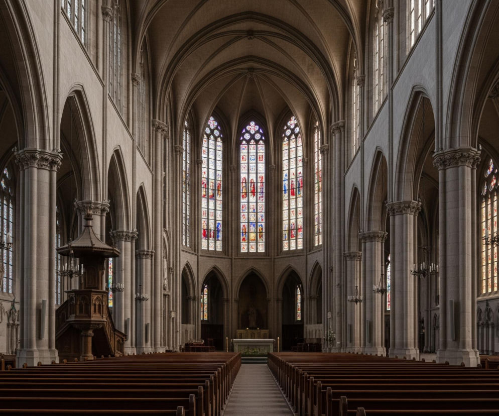Wnętrze przestronnej świątyni o architekturze gotyckiej jest ukazane z perspektywy centralnej nawy, prowadzącej w stronę ołtarza głównego. Po obu stronach nawy znajdują się rzędy ciemnobrązowych drewnianych ławek z oparciami, oddzielone od siebie szeroką, pustą alejką. Sufit nawy jest sklepiony, tworząc łukowate struktury, a ściany podpierają rzędy masywnych, kamiennych kolumn z bogato rzeźbionymi kapitelami. Między kolumnami widoczne są wysokie, wąskie okna wypełnione kolorowymi witrażami, wpadające światło rozświetla wnętrze. Po lewej stronie, w pobliżu kolumn, stoi zdobiona, drewniana ambona z daszkiem i balustradą, do której prowadzą schody.