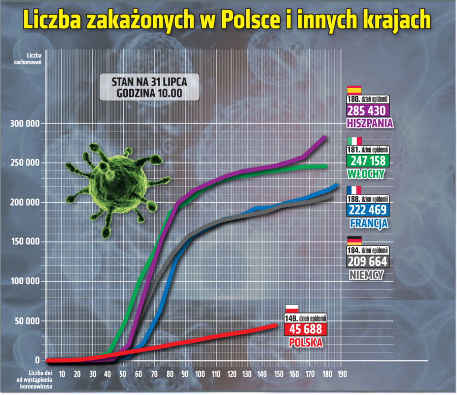 Koronawirus w Polsce. Wykresy, grafiki, statystyki (31 lipca)