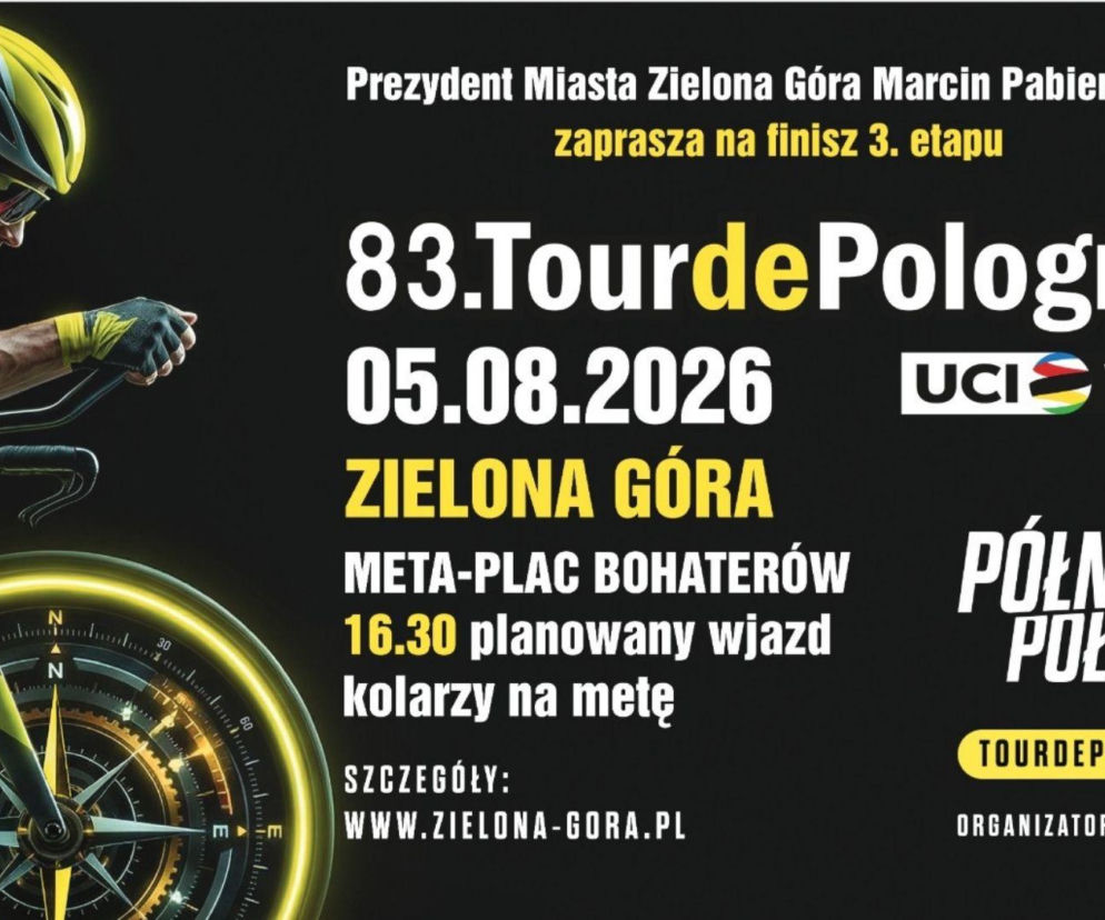 Plakat 83. Tour de Pologne w Zielonej Górze z kolarzem na rowerze. O utrudnieniach dla kierowców przeczytasz na Radioplus.