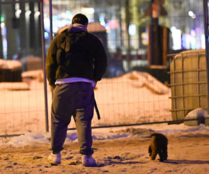 Sebastian Fabijański z pieskiem na spacerze