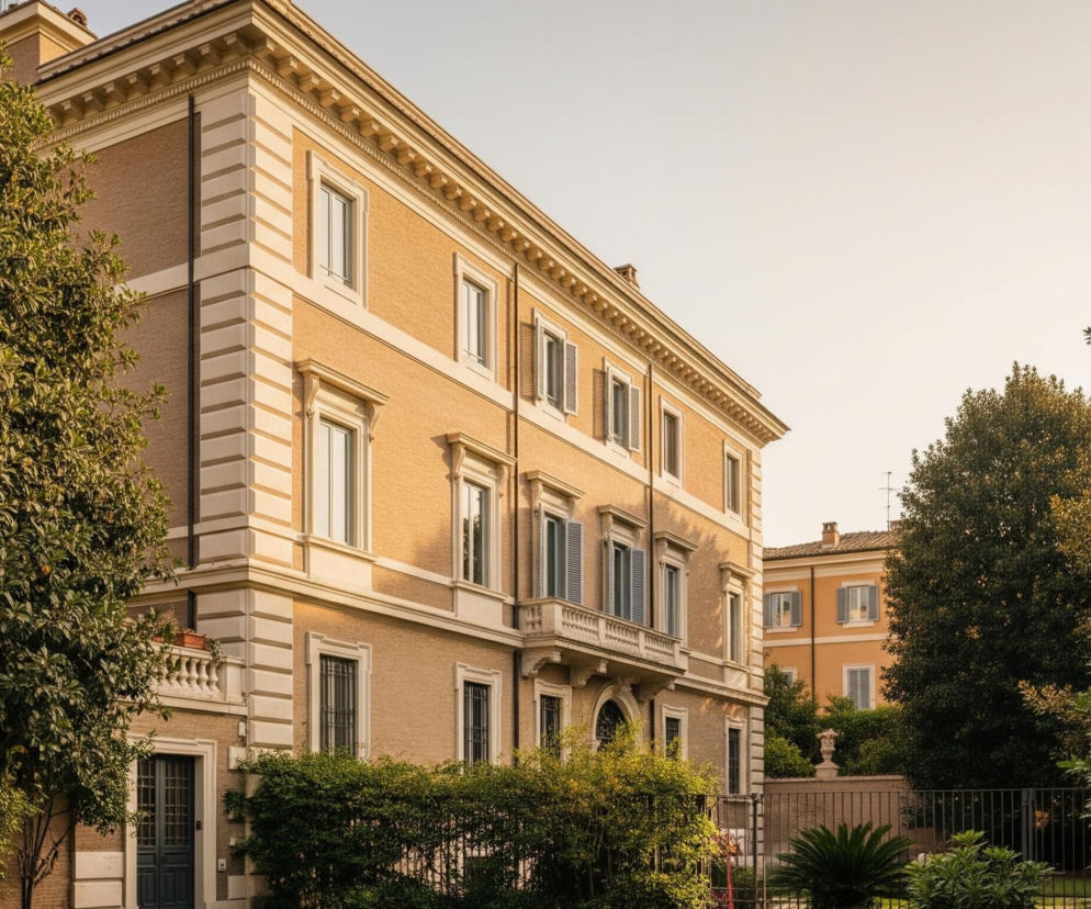 W centrum obrazu znajduje się duży, klasyczny budynek o trzech kondygnacjach, utrzymany w odcieniach beżu i jasnego brązu, z białymi elementami architektonicznymi. Posiada liczne prostokątne okna, z których niektóre mają otwarte, szare okiennice, a na środkowej kondygnacji widoczny jest balkon z ozdobną balustradą. Budynek otaczają bujne, zielone drzewa i krzewy, częściowo zasłaniające jego fasadę, a po prawej stronie w tle majaczy drugi, mniejszy budynek w podobnym stylu. Całość skąpana jest w ciepłym, naturalnym świetle, sugerującym późne popołudnie lub wczesny ranek.