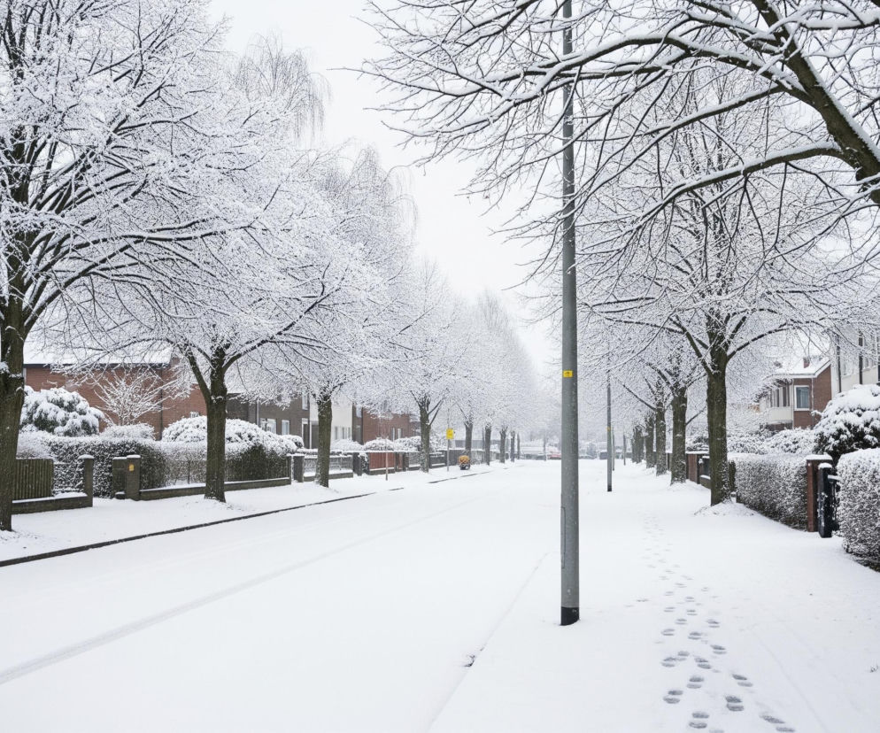 Zasypana śniegiem ulica rozciąga się wzdłuż centrum obrazu, z dwoma wyraźnymi śladami opon widocznymi na jej powierzchni. Po obu stronach ulicy rosną drzewa pokryte śniegiem, tworząc białą aleję. Po lewej stronie widać kilka ceglanych budynków z białymi oknami, oddzielonych od ulicy drewnianym płotem i żywopłotami. Po prawej stronie drogi znajduje się ośnieżony chodnik z wyraźnymi odciskami stóp prowadzącymi w dal, obok którego widoczne są domy z czerwonej cegły i krzewy gęsto przysypane śniegiem. Wzdłuż ulicy rozmieszczone są latarnie uliczne, a cała scena utrzymana jest w chłodnej palecie barw, z dominującą bielą śniegu i szarym, zachmurzonym niebem.