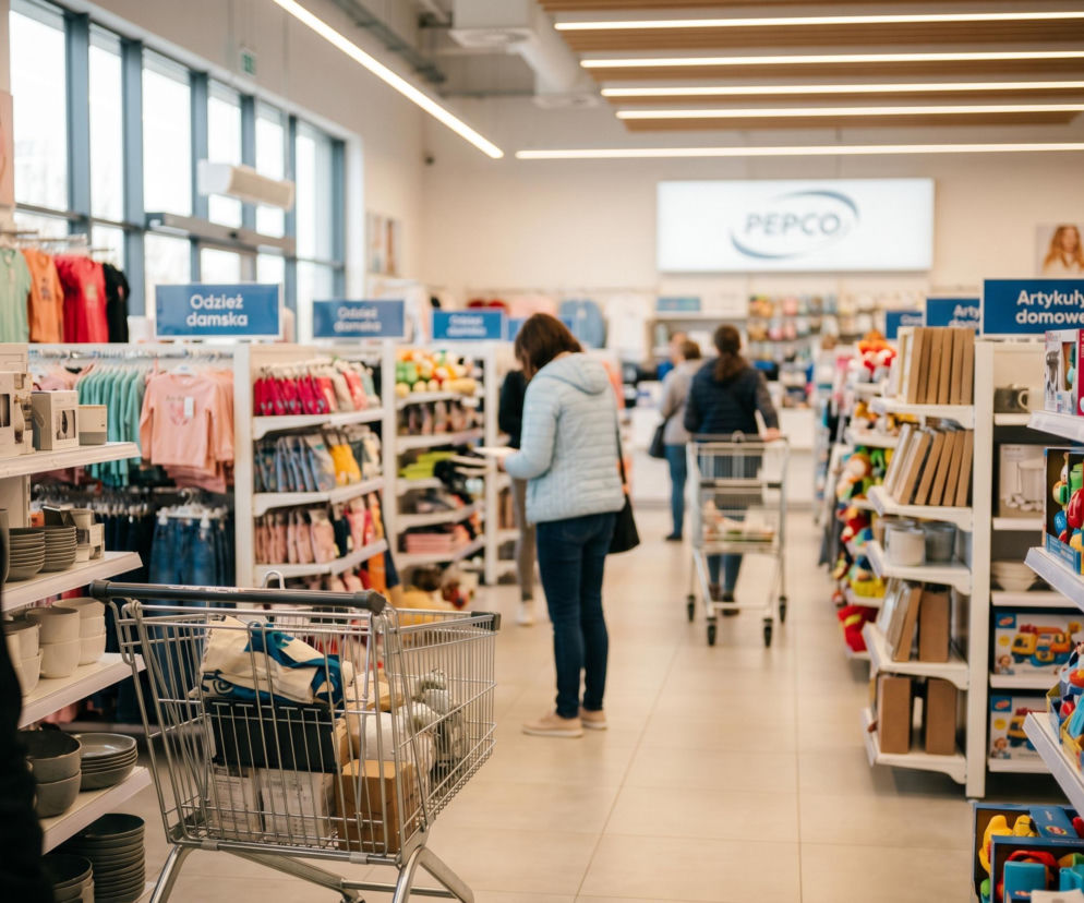 Wnętrze sklepu Pepco z klientami robiącymi zakupy w długi weekend czerwcowy, na tle widoczne regały z odzieżą i artykułami domowymi, oraz logo sieci. Sprawdź godziny otwarcia Pepco po Bożym Ciele na portalu Super Biznes.