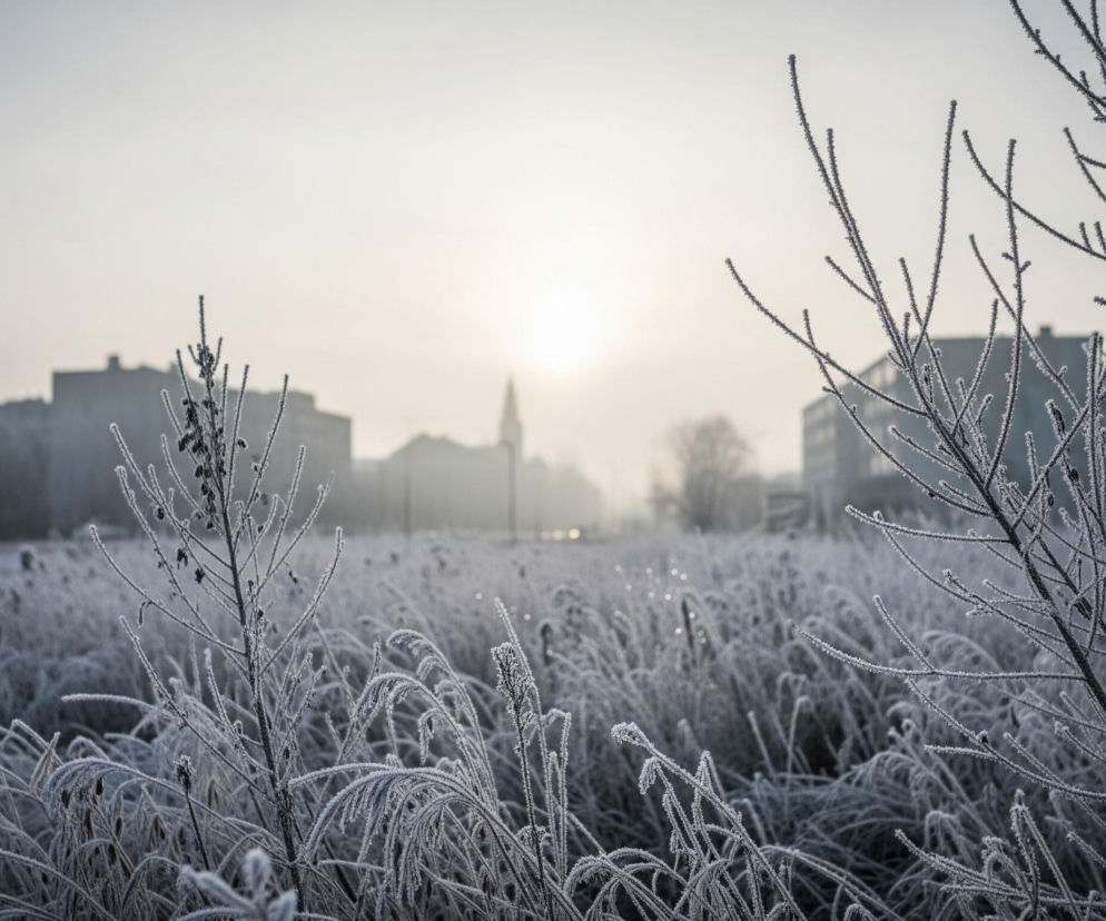 Pierwszy plan wypełnia szerokie pole pokryte szronem, obejmujące liczne, smukłe trawy i pędy roślinne w odcieniach bieli i szarości. W tle widać zamglony pejzaż miejski, z ciemnymi sylwetkami budynków i drzew, a pośrodku horyzontu wyłania się delikatna poświata słońca lub jasnego nieba, za którą widoczna jest wieża budynku. Cały obraz utrzymany jest w zimnej, monochromatycznej tonacji, z dominacją bieli, szarości i błękitu.