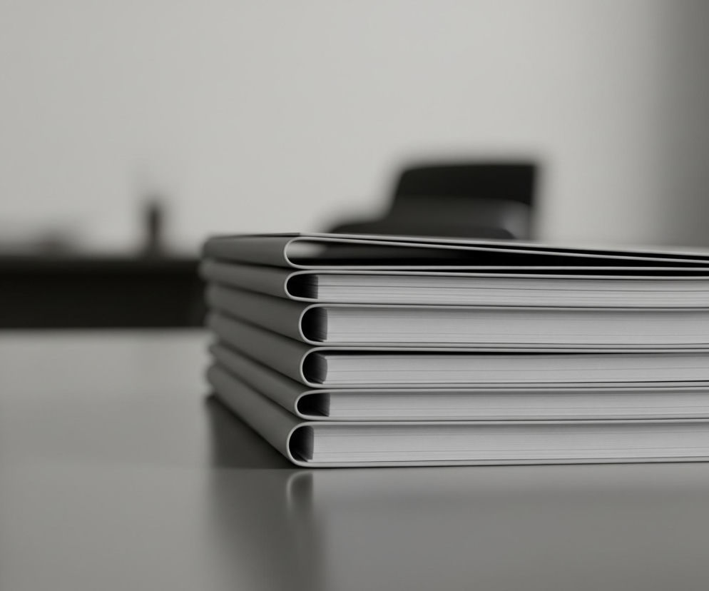 Stos pięciu identycznych książek, ułożonych poziomo, dominuje prawą stronę obrazu. Ich szare, gładkie okładki i białe strony są wyraźnie widoczne, a światło odbija się od ich zaokrąglonych grzbietów, tworząc delikatne cienie. Książki leżą na błyszczącym, szarym blacie stołu, który zajmuje dolną połowę kadru i odbija światło w subtelny sposób. Tło jest rozmyte, utrzymane w odcieniach szarości i czerni, z niewyraźnymi zarysami mebli biurowych, takich jak krzesło i prawdopodobnie ekran monitora.