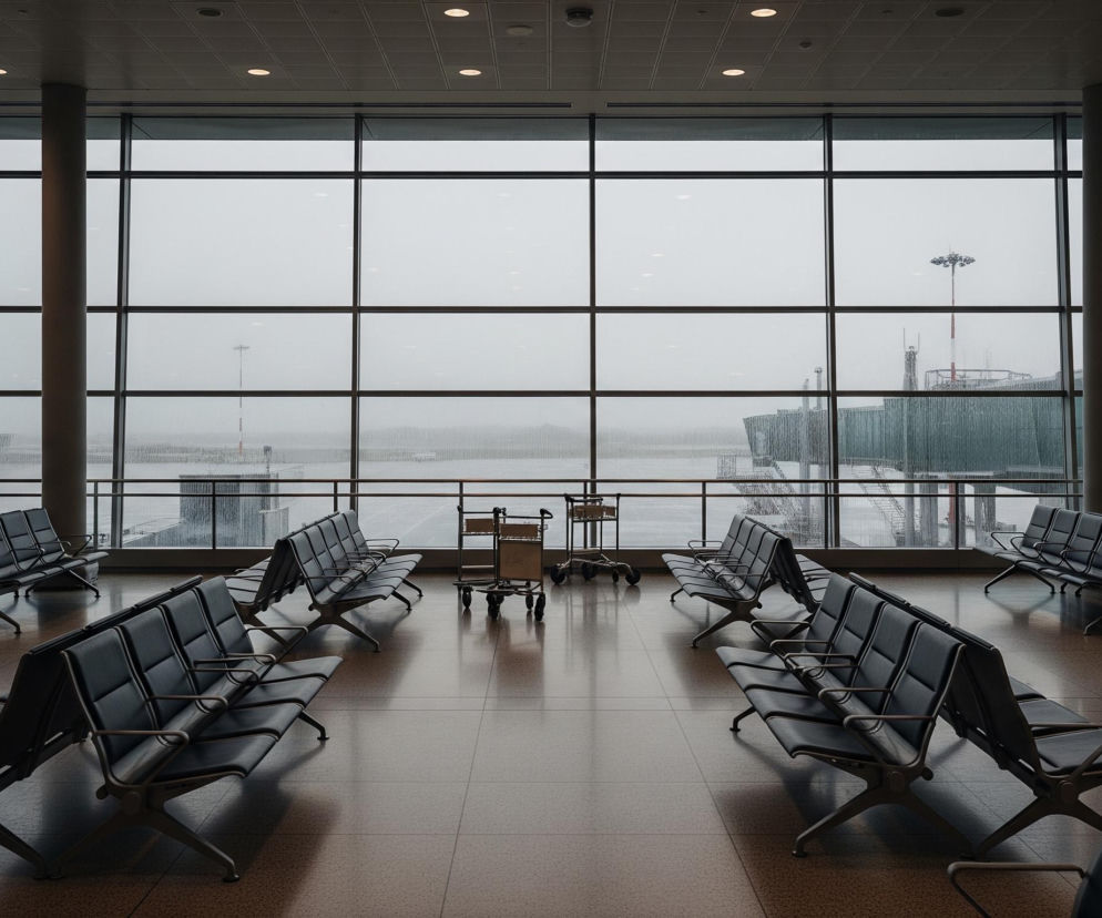 Wnętrze poczekalni lotniska z długimi rzędami ciemnych siedzeń ustawionych wzdłuż dużego, przeszklonego okna zajmującego całą tylną ścianę. Szare niebo widać za oknem, a na szybie są widoczne krople deszczu. Na zewnątrz znajduje się wysoki maszt oświetleniowy w biało-czerwone pasy oraz fragmenty budynków lotniska. Na podłodze widać beżowo-brązowe, matowe płytki i odbijające się cienie krzeseł, a w środkowej części pomieszczenia stoją dwa puste wózki bagażowe. Sufit jest w kolorze szarym z rzędami kwadratowych paneli i punktowym oświetleniem.