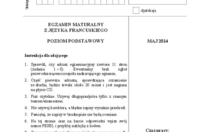 Arkusz francuski podstwowy matura 2014