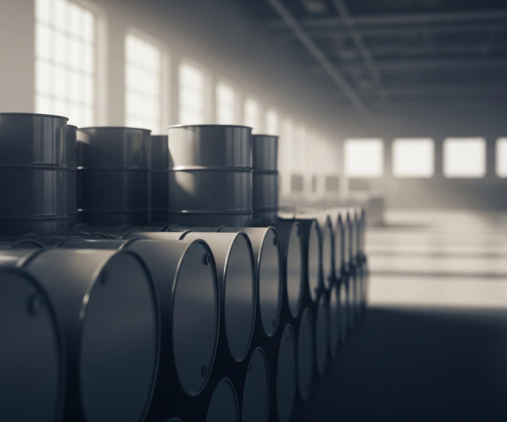 Ciemnoszare beczki ułożone są w rzędy w dużej, jasnej hali. Beczki na pierwszym planie są ostre, z widocznymi zagięciami i lekko błyszczącą powierzchnią, podczas gdy te w oddali są rozmyte. Światło wpada przez rzędy prostokątnych okien na lewej ścianie, rzucając wydłużone cienie na podłogę. W tle, po prawej stronie, widać kolejne okna, a wnętrze hali staje się coraz ciemniejsze i mniej wyraźne.