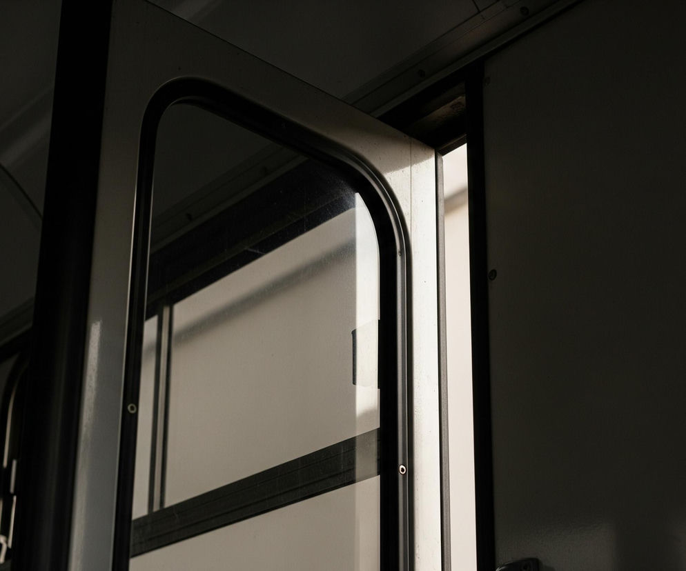 Otwarta, przeszklona część drzwi wagonu lub autobusu zajmuje centralną część kadru, ukazując jasne wnętrze na zewnątrz. Rama drzwi jest szara z ciemnymi, zaokrąglonymi krawędziami, a w dolnej części szklanej powierzchni widoczny jest poziomy, ciemny pasek. Po prawej stronie drzwi znajduje się pionowy słupek w odcieniach szarości i czerni, przechodzący w ciemniejszą, jednolitą ścianę z widocznymi nitami. Całe wnętrze, z wyjątkiem jasnego przesmyku przy otwartych drzwiach, pogrążone jest w półmroku, z widocznymi elementami konstrukcyjnymi sufitu i ścian.