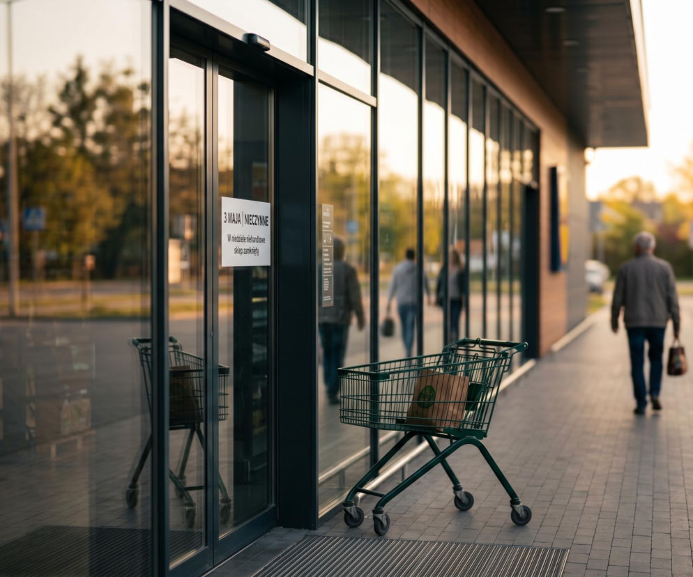 Pusty wózek sklepowy przed zamkniętymi drzwiami marketu z informacją 3 MAJA | NIECZYNNE, symbolizujący zakaz handlu w niedziele i święta majowe. Osoby oddalające się z zakupami w tle. Więcej na Super Biznes.
