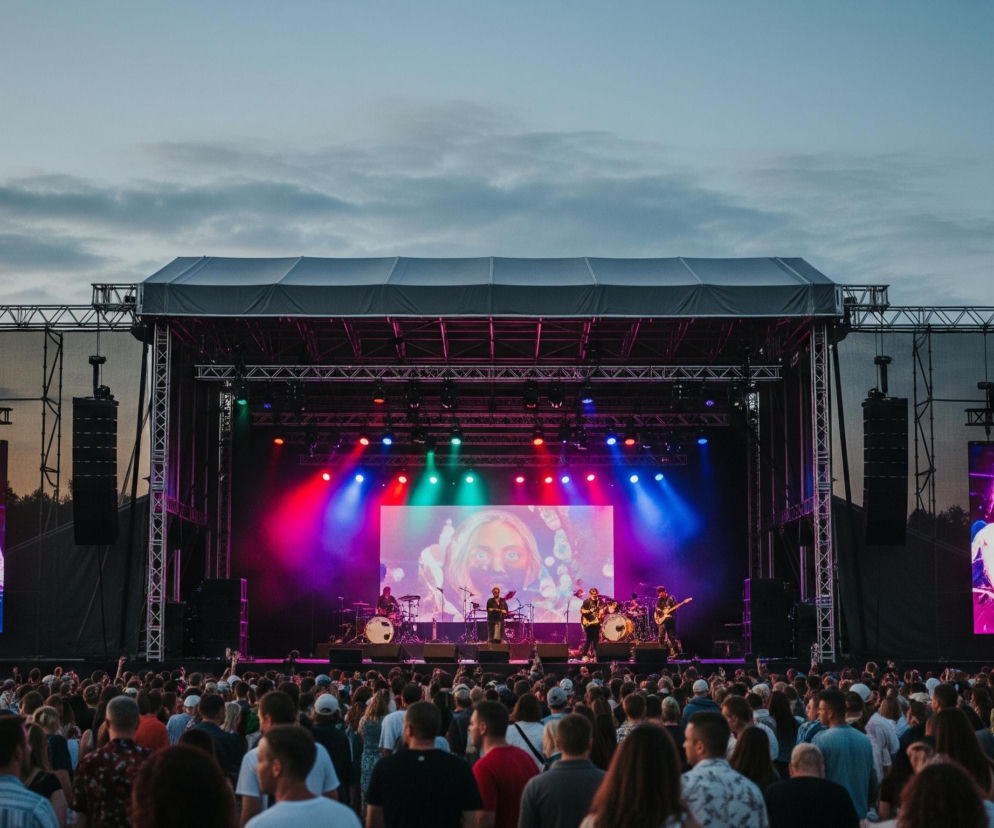 Duży koncert plenerowy ukazuje scenę oświetloną kolorowymi światłami, z widocznym zespołem grającym na żywo. Za zespołem znajduje się duży ekran LED, wyświetlający zbliżenie twarzy młodej kobiety z blond włosami, trzymającej mikrofon, w odcieniach fioletu i niebieskiego. Po obu stronach sceny stoją dwa pionowe ekrany, również prezentujące tę samą kobietę, ujętą od pasa w górę, oświetloną neonowymi barwami. Przed sceną gromadzi się liczna publiczność, składająca się z wielu ludzi, którzy z uwagą obserwują wydarzenia na scenie, a ich sylwetki wypełniają dolną część kadru. Nad sceną widać ciemne, poszarpane chmury na wieczornym niebie, dodające dramatyzmu całej scenie.