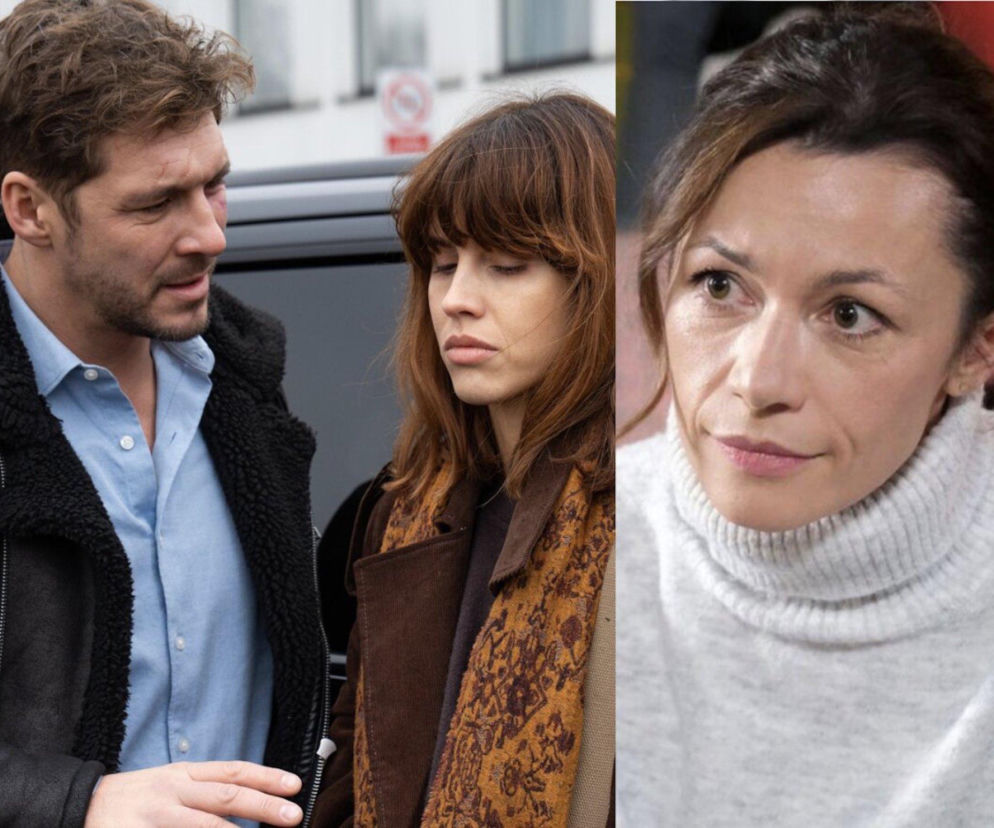 Martyna (Magdalena Turczeniewicz) w białym golfie zamyślona, obok Marcin (Mikołaj Roznerski) z podbitym okiem w czarnej kurtce z barankiem i błękitnej koszuli, obok niego Kama (Michalina Sosna) w brązowym płaszczu i wzorzystym szalu, ze spuszczoną głową. Zdjęcie ilustruje odcinek M jak miłość dostępny na Super Seriale.