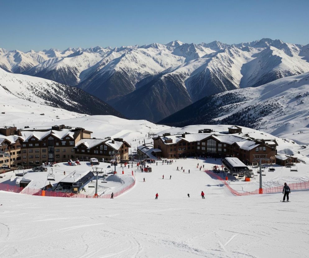 Na pierwszym planie rozciąga się szeroki stok narciarski pokryty białym, świeżym śniegiem, z wyraźnymi śladami nart i desek snowboardowych. Po lewej i prawej stronie stoku widać narciarzy w kolorowych ubraniach, zjeżdżających w dół lub przygotowujących się do zjazdu, a ich cienie są długie i wyraźne. W środkowej części obrazu, u podnóża stoku, znajduje się kompleks budynków o drewnianych fasadach i spadzistych dachach pokrytych śniegiem, wyglądających jak górskie hotele lub apartamenty, otoczone licznymi mniejszymi grupami ludzi, kolejkami linowymi z pustymi krzesełkami i pomarańczowymi siatkami zabezpieczającymi trasy. Dalej, w tle, majestatycznie wznoszą się ośnieżone szczyty górskie z ciemnymi, zalesionymi zboczami i dolinami, a nad nimi rozciąga się jasne, bezchmurne błękitne niebo.