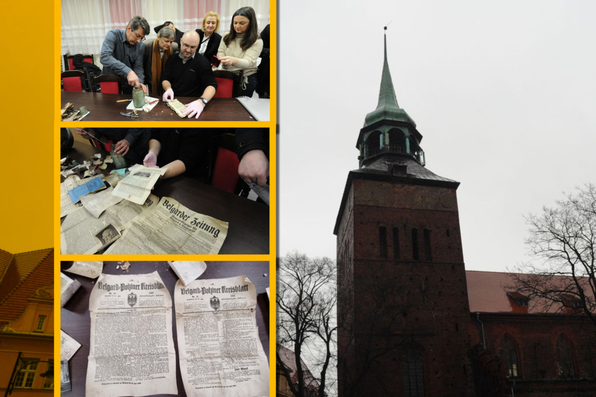 Kapsuła czasu z kościoła w Białogardzie otwarta. Co przez lata skrywał szklany słój na szczycie wieży?