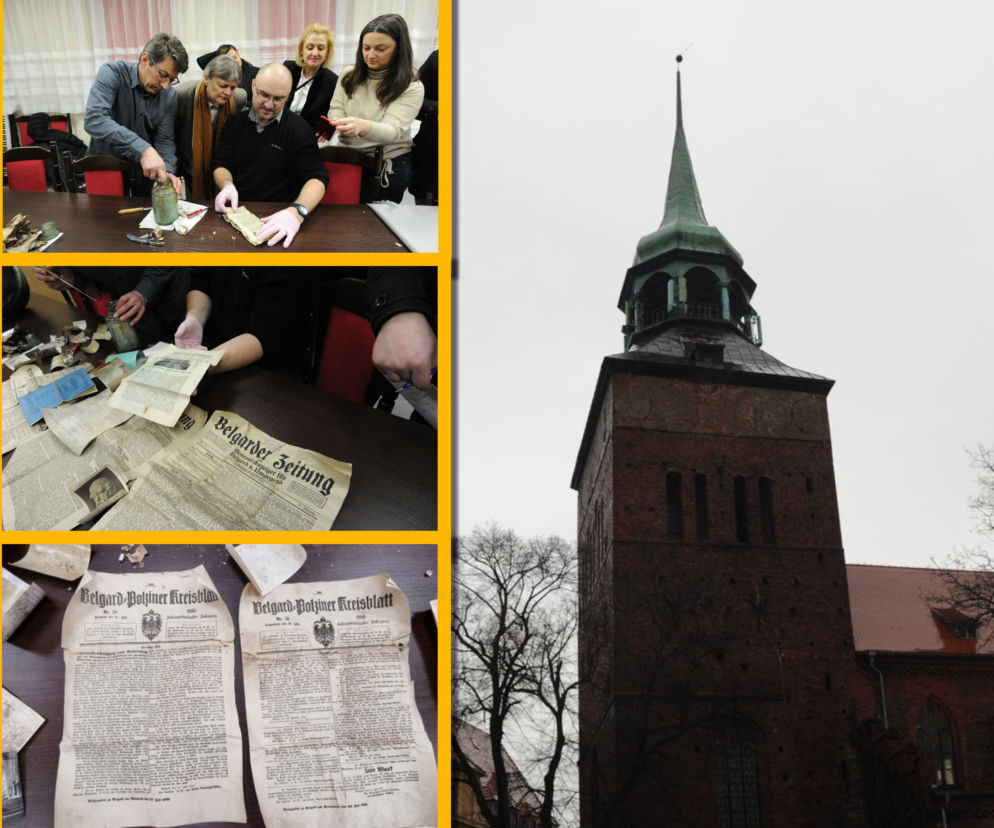 Kapsuła czasu z kościoła w Białogardzie otwarta. Co przez lata skrywał szklany słój na szczycie wieży?