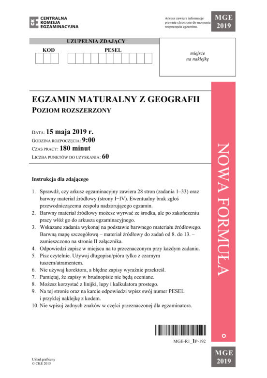 Matura 2019 geografia rozszerzona. ARKUSZE I ODPOWIEDZI