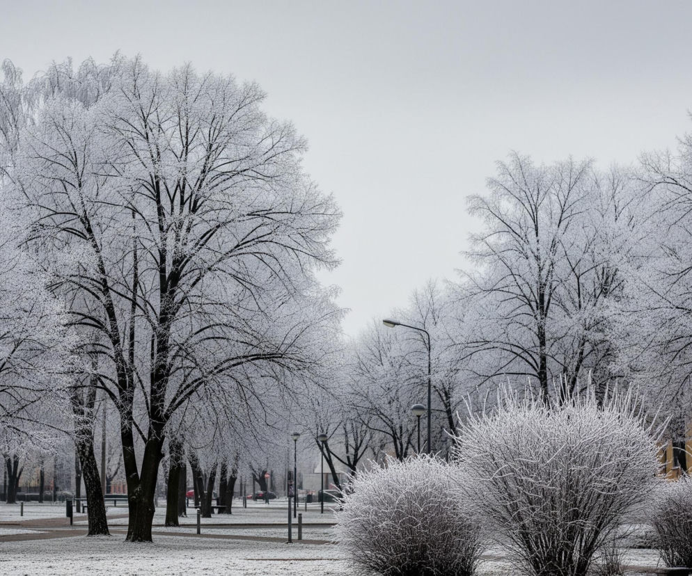 Zimowy park pokryty śniegiem i szronem rozciąga się pod jasnym, szarym niebem. Liczne drzewa z nagimi konarami i gałęziami, gęsto oszronionymi, dominują w krajobrazie, tworząc biało-czarny wzór. Na pierwszym planie, po prawej stronie, znajdują się krzewy o zaokrąglonych kształtach, również pokryte grubą warstwą szronu, świecące bieli na tle ciemniejszych pni drzew. Pomiędzy drzewami widać aleje i ścieżki, częściowo pokryte śniegiem, a także elementy miejskiej infrastruktury, takie jak latarnie uliczne i słupki graniczne, rozmieszczone wzdłuż chodników.