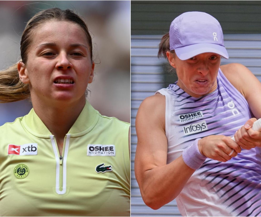 Maja Chwalińska i Iga Świątek w trakcie meczów tenisa, obie z zaciętymi minami, skoncentrowane na grze. Na naszym portalu możesz przeczytać o losowaniu drabinki Wimbledonu 2026 i z kim zagrają Polki.
