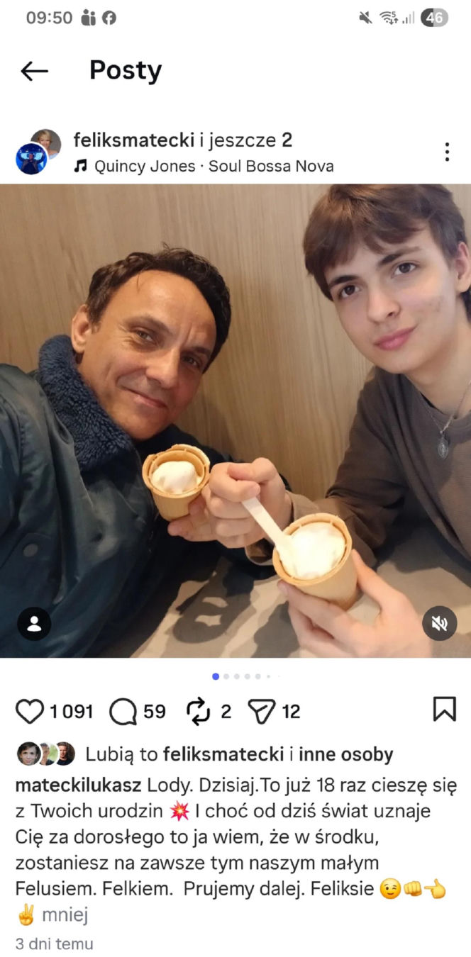 Feliks Matecki (Wojtuś z M jak miłość) i jego ojciec Łukasz w dniu 18. urodzin