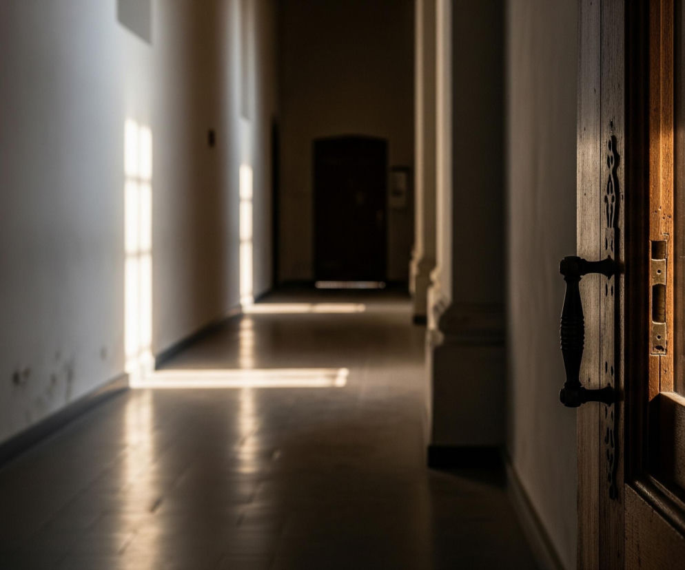 Otworzone, drewniane drzwi z czarną, ozdobną klamką znajdują się po prawej stronie kadru, częściowo oświetlone złotym światłem. Rozciągający się korytarz, wyłożony ciemnymi panelami, jest głównym elementem obrazu, ze smugami jasnego światła słonecznego, tworzącymi prostokątne kształty na lewej ścianie i podłodze. W oddali widać kolejne ciemne drzwi, a po prawej stronie korytarza widoczne są fragmenty filarów.