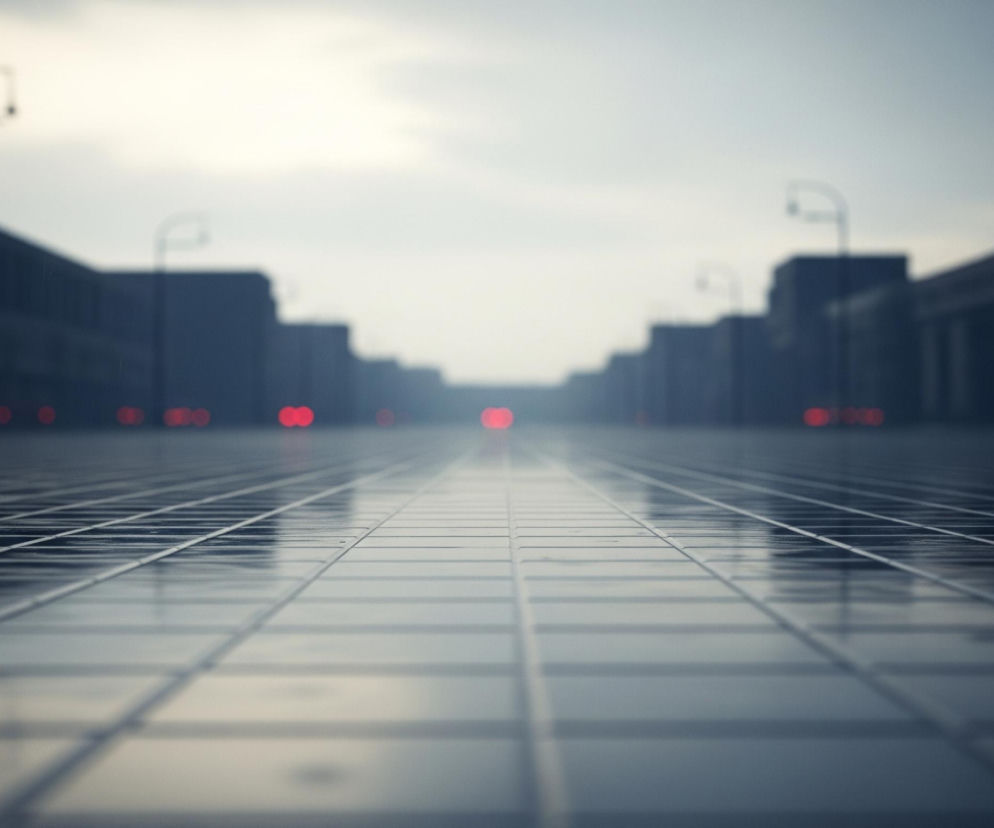 Na pierwszym planie widoczne jest mokre, kafelkowe podłoże, którego płytki tworzą regularną siatkę perspektywicznie zbiegającą się w oddali. Po obu stronach, na horyzoncie, rozciągają się ciemne, niewyraźne sylwetki budynków i latarni ulicznych. W tle, na końcu perspektywy, oraz na bocznych krawędziach obrazu, delikatnie rozmazane czerwone światła, przypominające tylne światła pojazdów, rozświetlają szare tło. Całość skąpana jest w stonowanych, chłodnych barwach szarości i błękitu, z akcentami czerwieni.