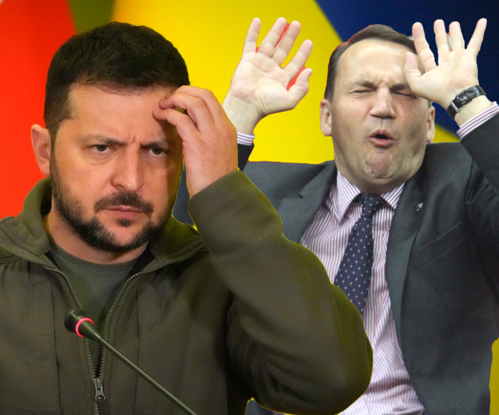 Wołodymyr Zełenski trzyma się za głowę. Obok na wstawce Radosław Sikorski. O donacjach przeczytasz na SE Superbiz.