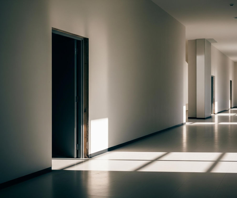 Długi korytarz z białymi ścianami biegnie w głąb obrazu, stopniowo ciemniejąc. Na lewej ścianie znajduje się otwarte ciemne przejście, a obok niego na podłodze leży duża, prostokątna plama światła. Wzdłuż prawej ściany korytarza widoczne są kolejne plamy światła, tworząc wzór przypominający kratę na jasnej, kafelkowanej podłodze. Sufit korytarza jest jasny i wyposażony w równo rozmieszczone, okrągłe oprawy oświetleniowe.